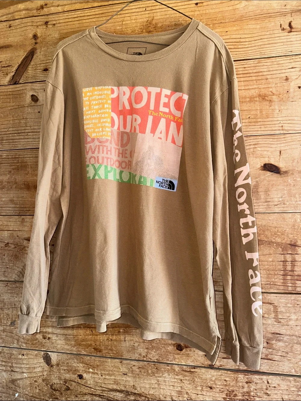 The North Face Tan Long-Sleeve Tee with Color Block Graphic